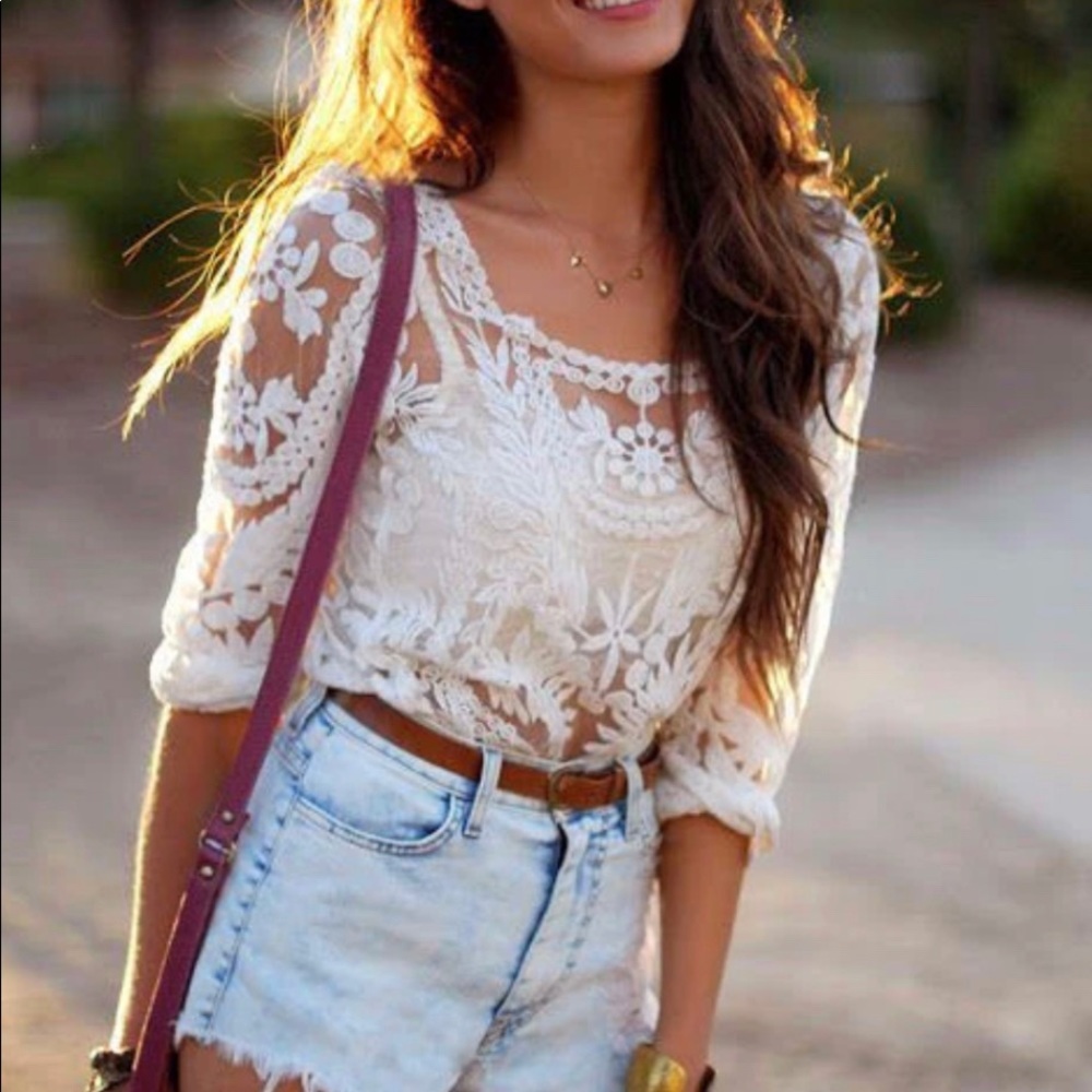 New White Lace Long Sleeve Gypsy Boho Blouse Top Feminine Sexy Wedding Beach